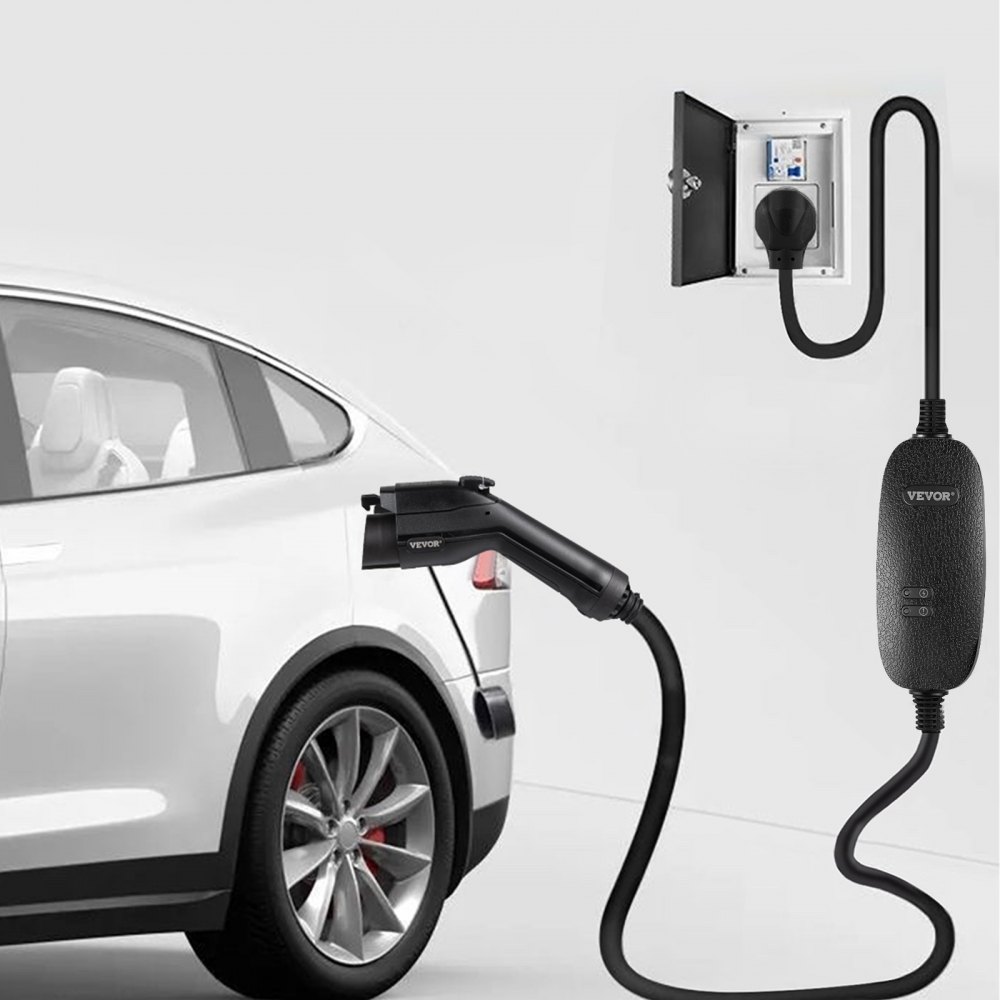 VEVOR Level 1+2 EV Charger, 15 Amp 110-240V, Portable Electric Vehicle Charger with 25 ft Charging Cable NEMA 6-20 Plug NEMA 5-15 Adapter, Plug-in Home EV Charging Station for SAE J1772 Electric Cars