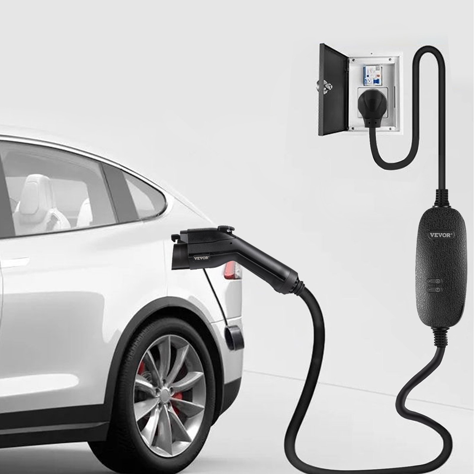 VEVOR Level 1+2 EV Charger, 15 Amp 110-240V, Portable Electric Vehicle Charger with 25 ft Charging Cable NEMA 6-20 Plug NEMA 5-15 Adapter, Plug-in Home EV Charging Station for SAE J1772 Electric Cars