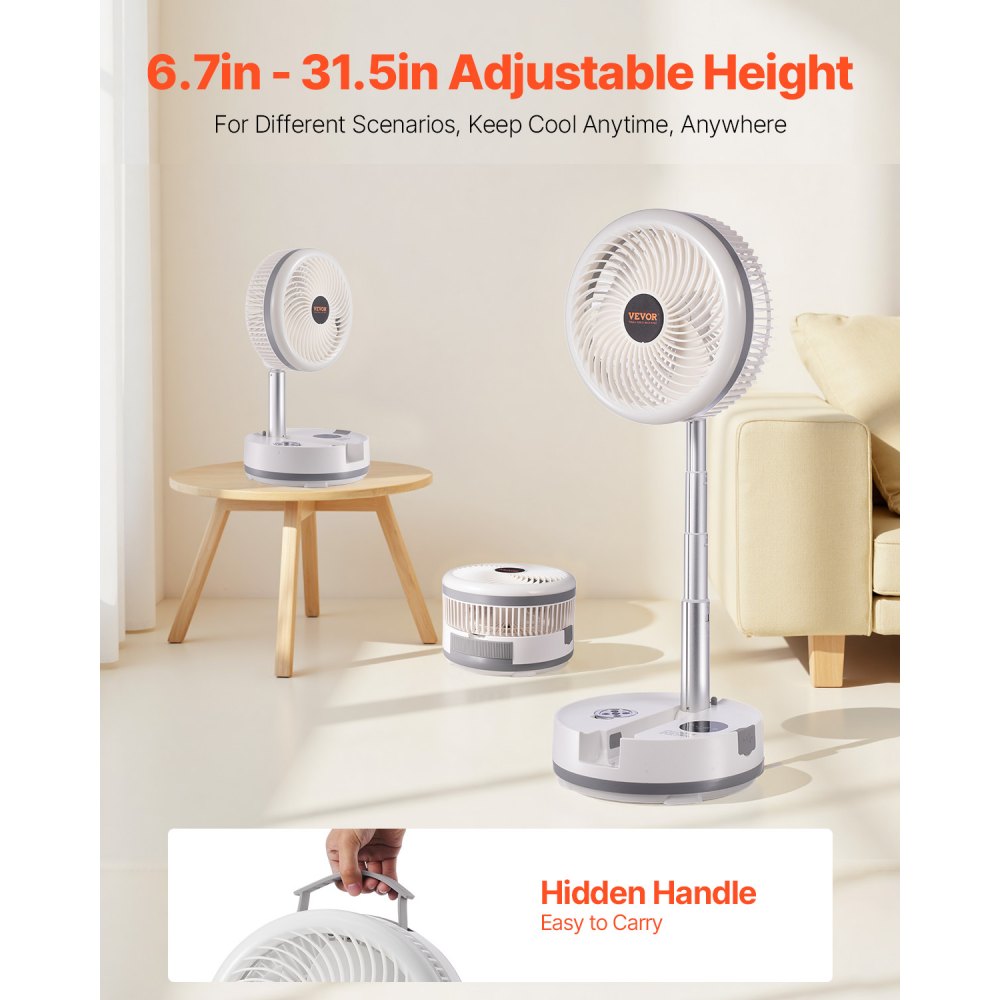 VEVOR 10 inch Portable Foldable Rechargeable Oscillating Fan, 3-in-1 Battery Operated with Remote Control, Quiet Desk/Table Pedestal Fan, 9 Speeds,90-degree Auto Left/Right Rotation,for Home,Office