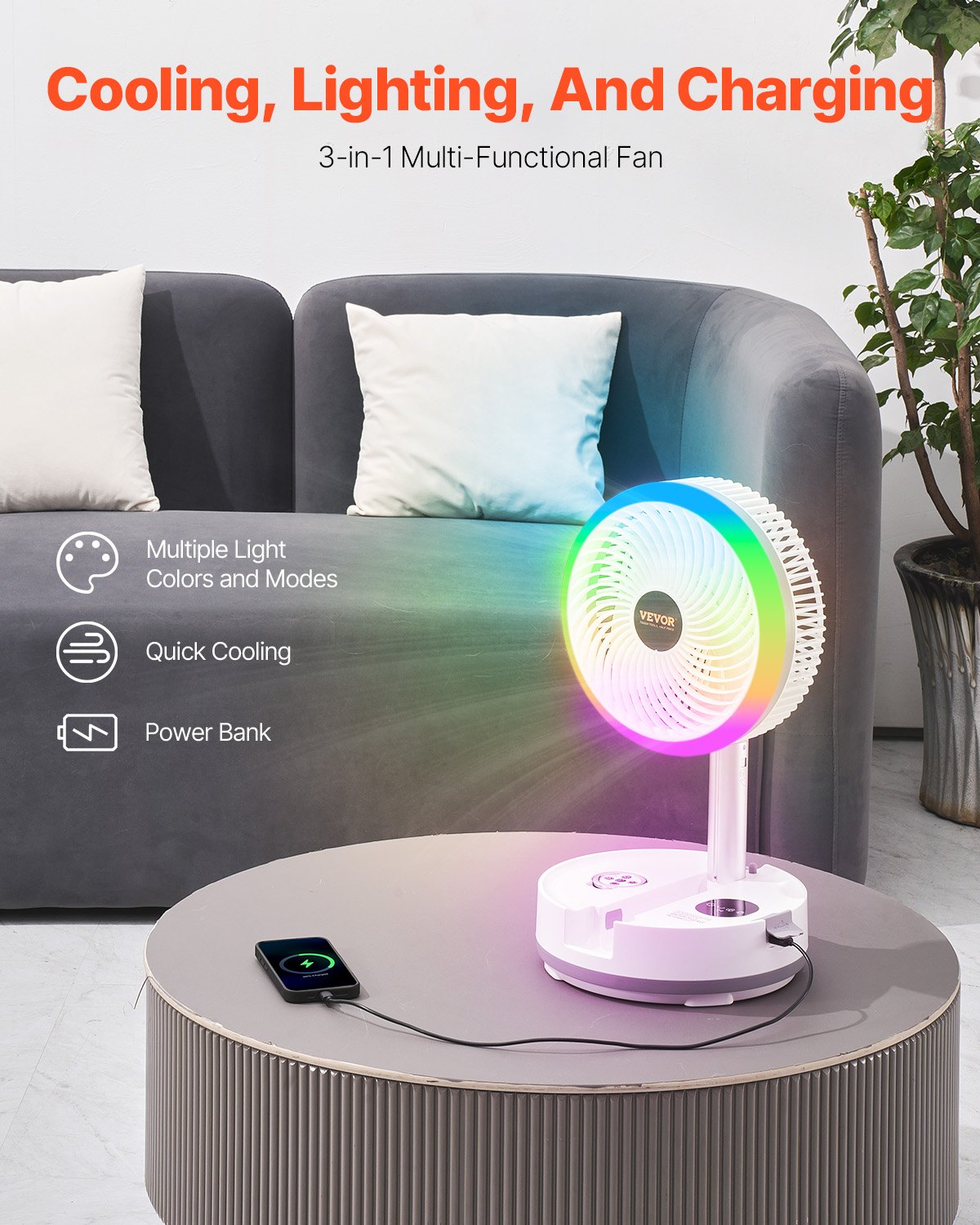 VEVOR 10 inch Portable Foldable Rechargeable Oscillating Fan, 3-in-1 Battery Operated with Remote Control, Quiet Desk/Table Pedestal Fan, 9 Speeds,90-degree Auto Left/Right Rotation,for Home,Office