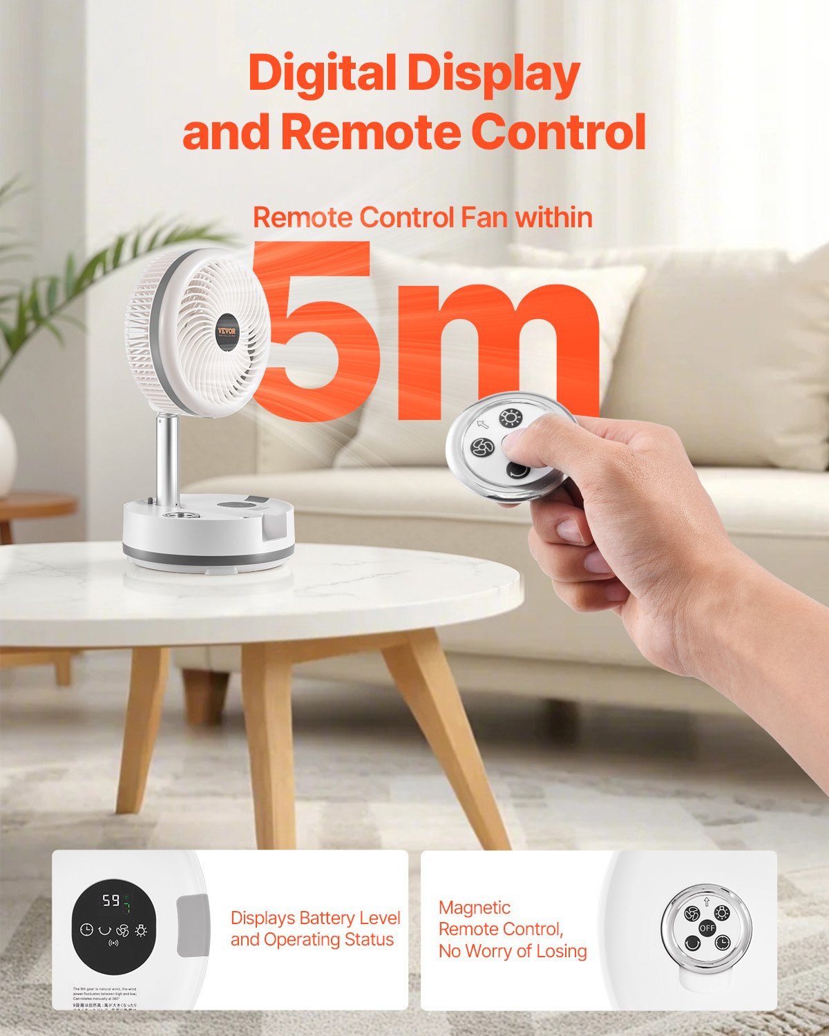 VEVOR 10 inch Portable Foldable Rechargeable Oscillating Fan, 3-in-1 Battery Operated with Remote Control, Quiet Desk/Table Pedestal Fan, 9 Speeds,90-degree Auto Left/Right Rotation,for Home,Office