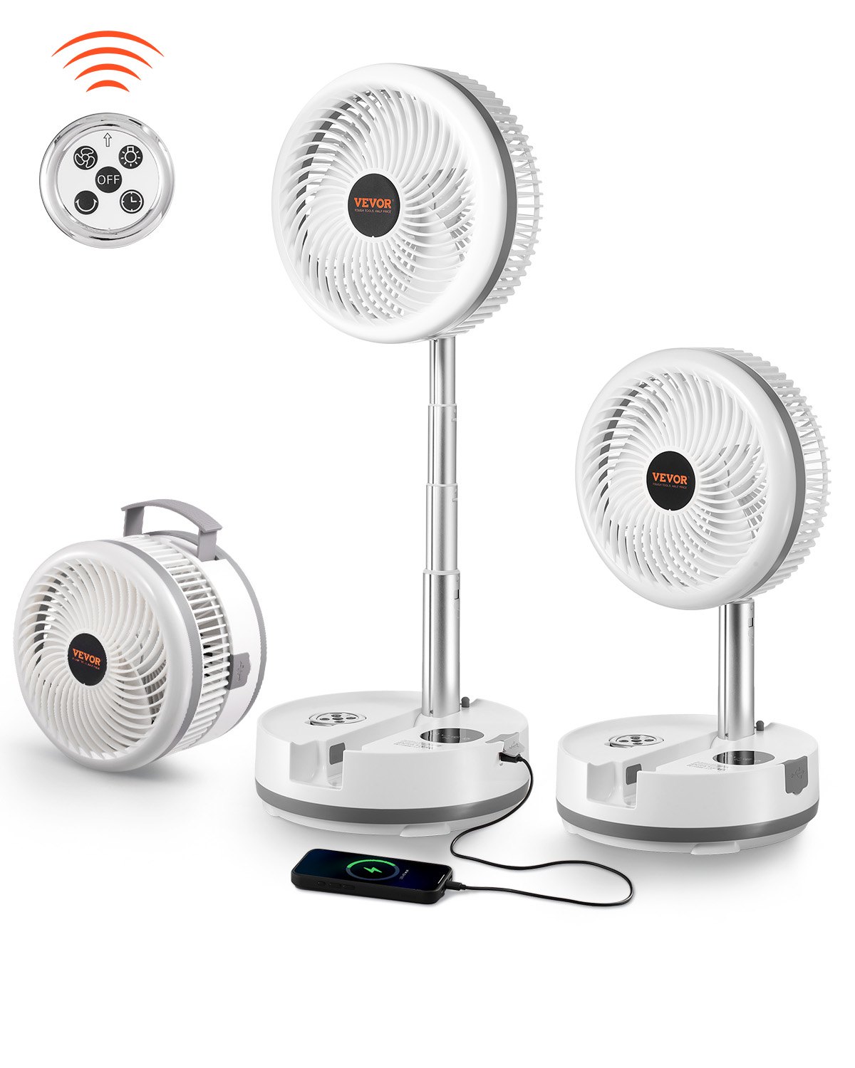 VEVOR 10 inch Portable Foldable Rechargeable Oscillating Fan, 3-in-1 Battery Operated with Remote Control, Quiet Desk/Table Pedestal Fan, 9 Speeds,90-degree Auto Left/Right Rotation,for Home,Office