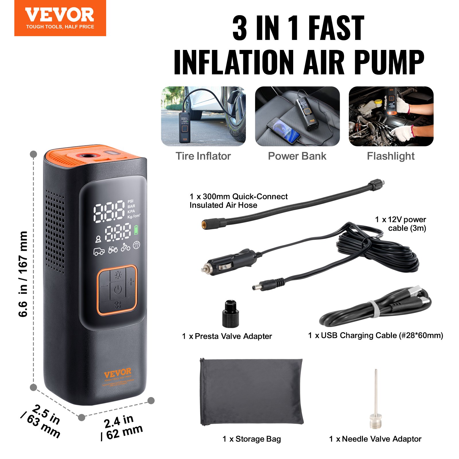 VEVOR Tire Inflator Φορητός αεροσυμπιεστής 7800mAh 3,7V 2X ταχύτερος 160PSI Auto-Off