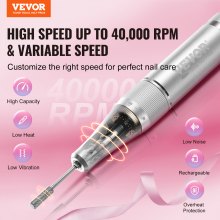 VEVOR Electric Rechargeable Nail Drill, 40,000RPM Portable Cordless Nail E File Machine, LCD-Display Acrylic Gel Grinder Tool with 6 Bits and 50PCS Sanding Bands for Manicure Pedicure Carve Polish