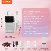 VEVOR Electric Cordless Nail Drill - with High-Torque 35000RRM Brushless Motor, Rechargeable Nail E File Machine with 6 Bits & 50PCS Sanding Band for Acrylic Gel Nails, Portable Manicure Pedicure Tool