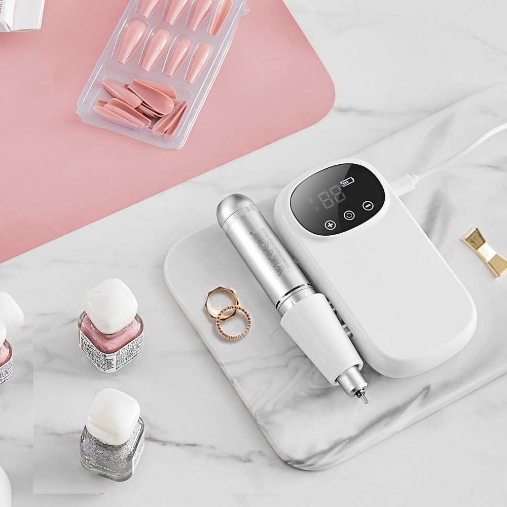 VEVOR Taladro de uñas eléctrico recargable, máquina de lima de uñas inalámbrica portátil de 35.000 RPM, herramienta de amoladora de gel acrílico con pantalla LCD con 6 puntas y 50 bandas de lijado para manicura pedicura tallar esmalte