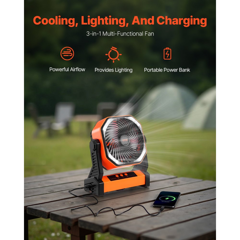 VEVOR 8 inch Rechargeable Camping Fan, Battery Operated with Light & Charging, 4 Speed Portable Outdoor Desktop Fan, 270-degree Manual Tilt for Tent, RV, Car, Travel, Jobsite & Hurricane Power Outages