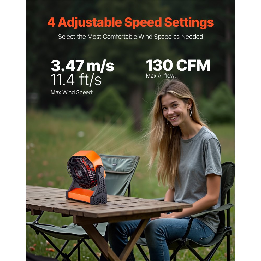 VEVOR 8 inch Rechargeable Camping Fan, Battery Operated with Light & Charging, 4 Speed Portable Outdoor Desktop Fan, 270-degree Manual Tilt for Tent, RV, Car, Travel, Jobsite & Hurricane Power Outages