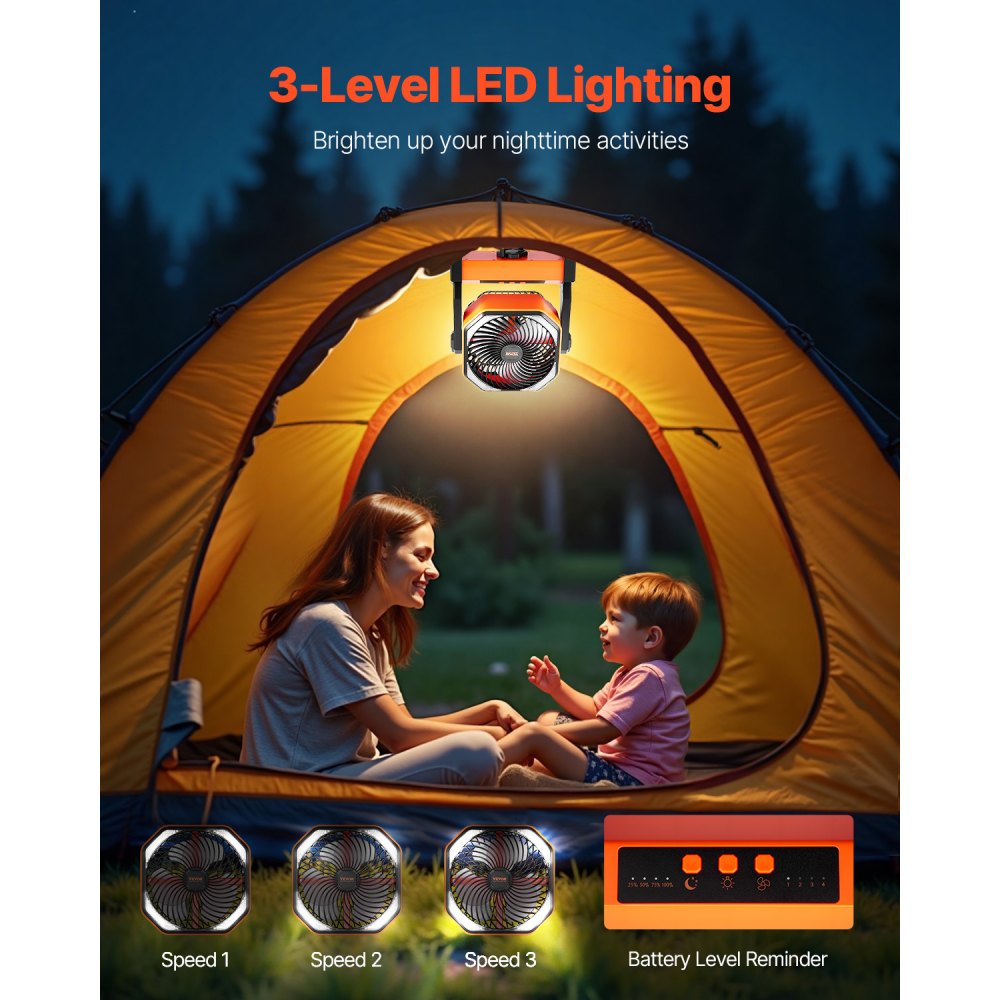 VEVOR 8 inch Rechargeable Camping Fan, Battery Operated with Light & Charging, 4 Speed Portable Outdoor Desktop Fan, 270-degree Manual Tilt for Tent, RV, Car, Travel, Jobsite & Hurricane Power Outages