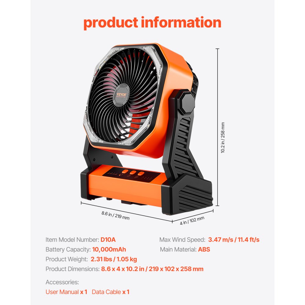 VEVOR 8 inch Rechargeable Camping Fan, Battery Operated with Light & Charging, 4 Speed Portable Outdoor Desktop Fan, 270-degree Manual Tilt for Tent, RV, Car, Travel, Jobsite & Hurricane Power Outages