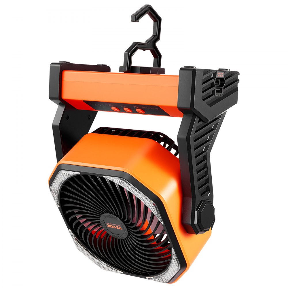 VEVOR 8 inch Rechargeable Camping Fan, Battery Operated with Light & Charging, 4 Speed Portable Outdoor Desktop Fan, 270-degree Manual Tilt for Tent, RV, Car, Travel, Jobsite & Hurricane Power Outages