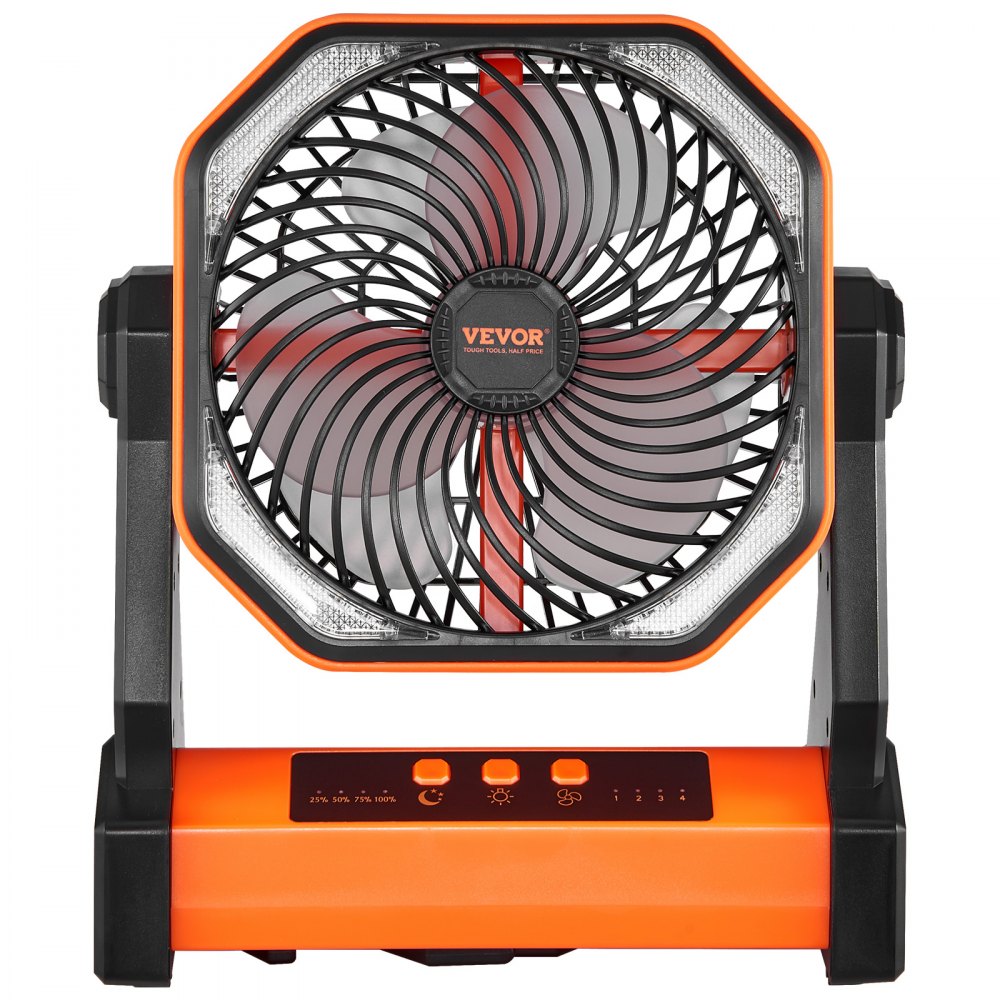 VEVOR 8 inch Rechargeable Camping Fan, Battery Operated with Light & Charging, 4 Speed Portable Outdoor Desktop Fan, 270-degree Manual Tilt for Tent, RV, Car, Travel, Jobsite & Hurricane Power Outages