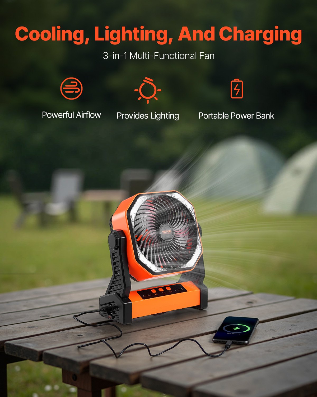 VEVOR 8 inch Rechargeable Camping Fan, Battery Operated with Light & Charging, 4 Speed Portable Outdoor Desktop Fan, 270-degree Manual Tilt for Tent, RV, Car, Travel, Jobsite & Hurricane Power Outages
