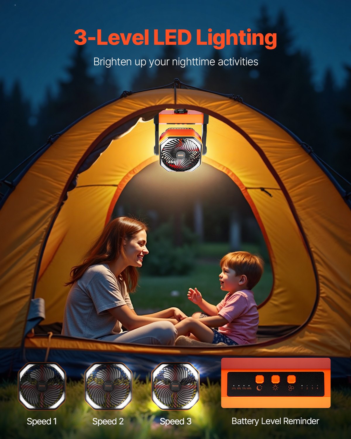 VEVOR 8 inch Rechargeable Camping Fan, Battery Operated with Light & Charging, 4 Speed Portable Outdoor Desktop Fan, 270-degree Manual Tilt for Tent, RV, Car, Travel, Jobsite & Hurricane Power Outages