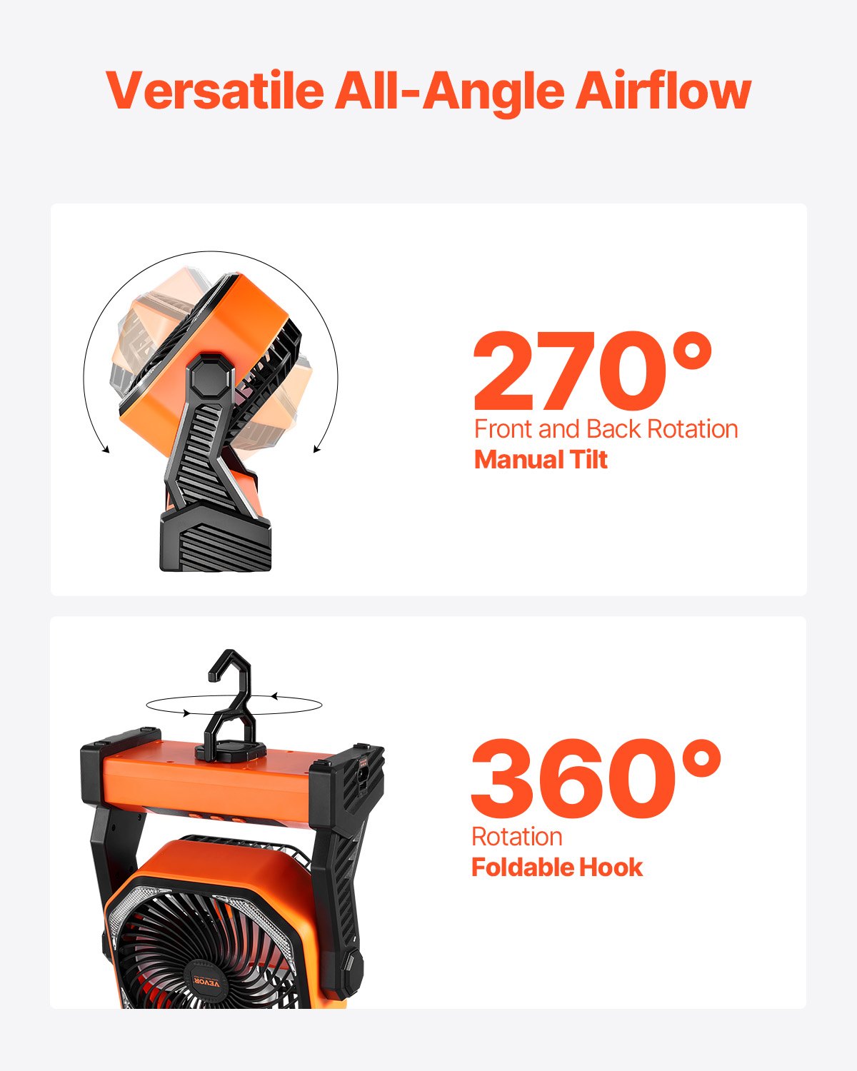 VEVOR 8 inch Rechargeable Camping Fan, Battery Operated with Light & Charging, 4 Speed Portable Outdoor Desktop Fan, 270-degree Manual Tilt for Tent, RV, Car, Travel, Jobsite & Hurricane Power Outages