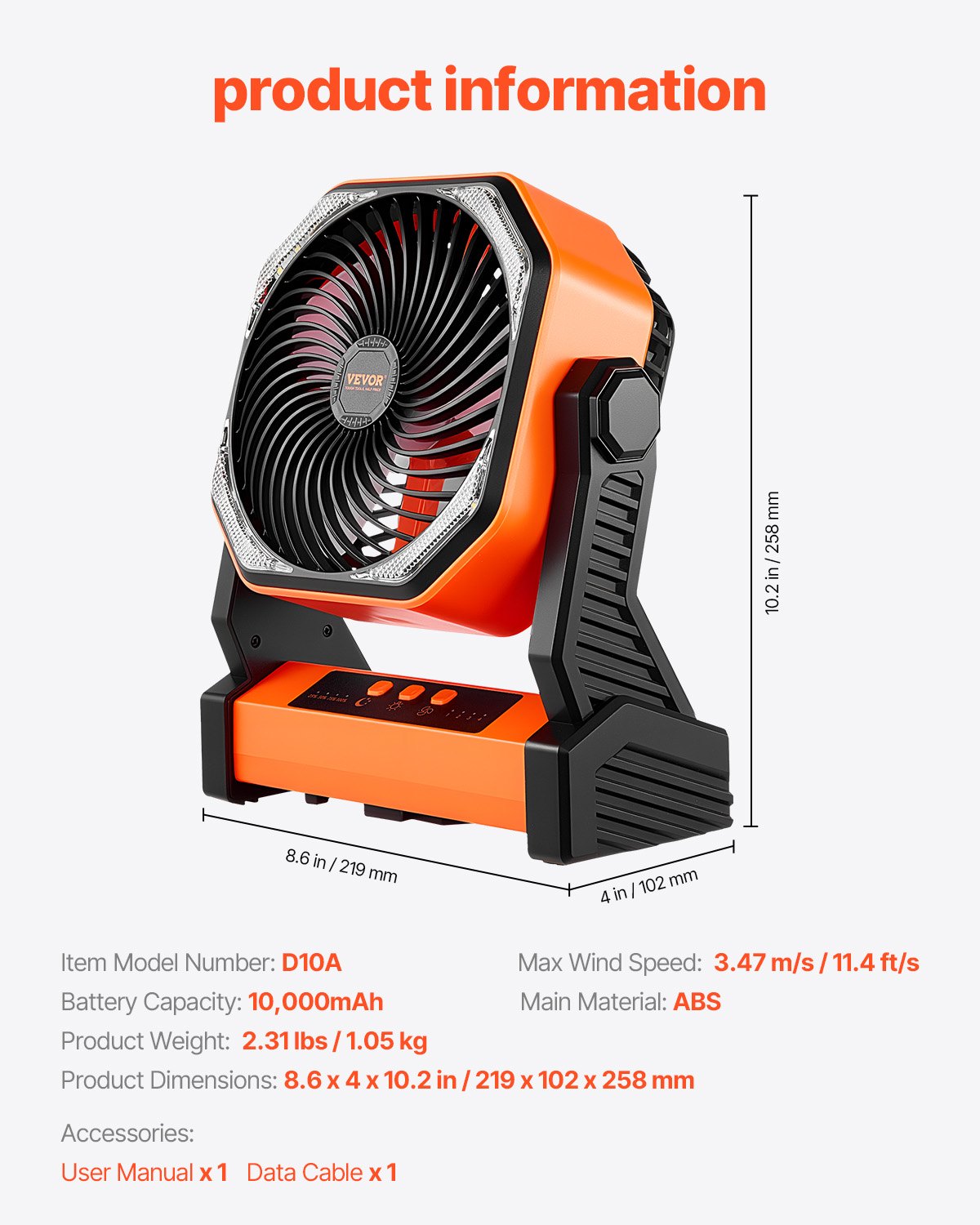 VEVOR 8 inch Rechargeable Camping Fan, Battery Operated with Light & Charging, 4 Speed Portable Outdoor Desktop Fan, 270-degree Manual Tilt for Tent, RV, Car, Travel, Jobsite & Hurricane Power Outages