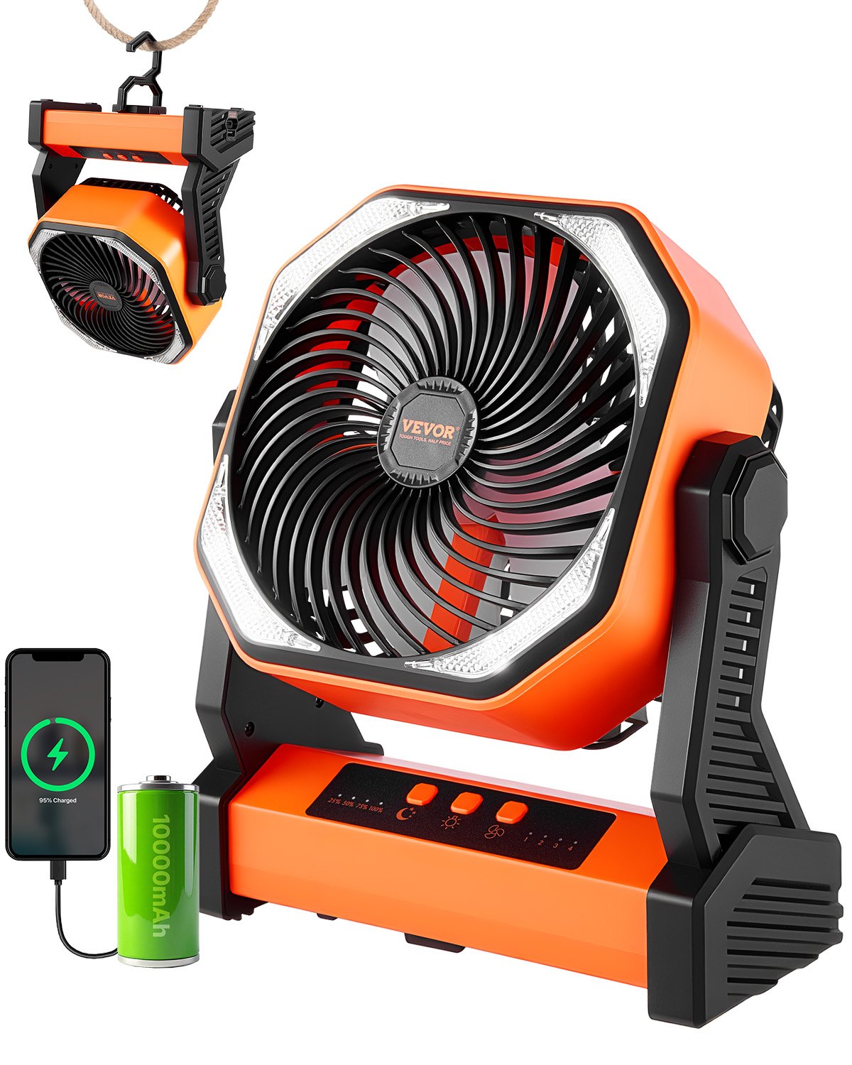 VEVOR 8 inch Rechargeable Camping Fan, Battery Operated with Light & Charging, 4 Speed Portable Outdoor Desktop Fan, 270-degree Manual Tilt for Tent, RV, Car, Travel, Jobsite & Hurricane Power Outages
