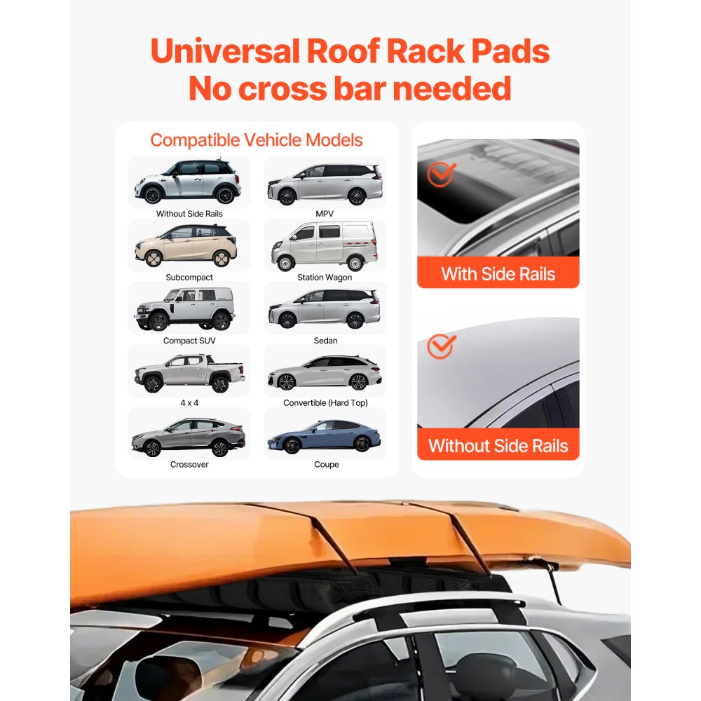 VEVOR Soft Roof Rack Pads, 838mm Universal Car Roof Rack Pad, 176LBS Load Capacity Luggage Kayak Carrier with 2 Tie-Down Straps and Portable Storage Bag for SUP Canoe Snowboard Paddle Board