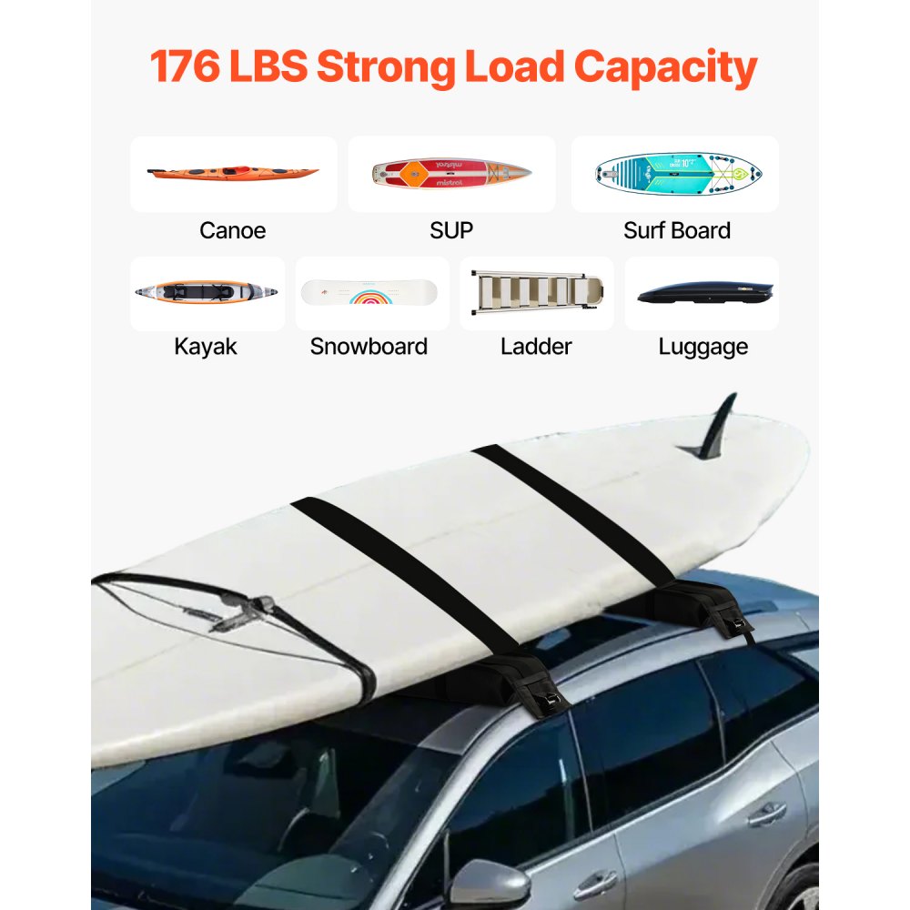 VEVOR Soft Roof Rack Pads, 838mm Universal Car Roof Rack Pad, 176LBS Load Capacity Luggage Kayak Carrier with 2 Tie-Down Straps and Portable Storage Bag for SUP Canoe Snowboard Paddle Board