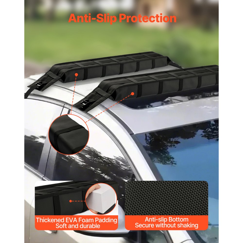 VEVOR Soft Roof Rack Pads, 838mm Universal Car Roof Rack Pad, 176LBS Load Capacity Luggage Kayak Carrier with 2 Tie-Down Straps and Portable Storage Bag for SUP Canoe Snowboard Paddle Board