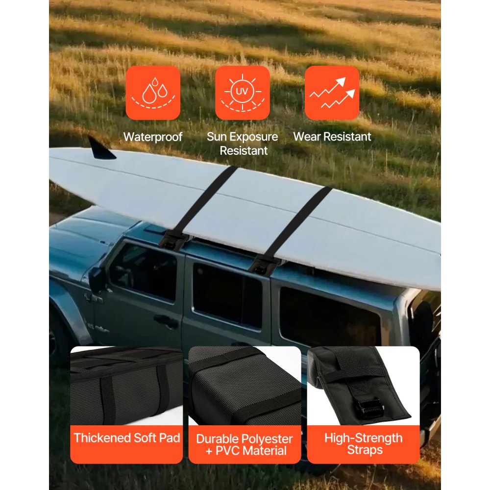 VEVOR Soft Roof Rack Pads, 838mm Universal Car Roof Rack Pad, 176LBS Load Capacity Luggage Kayak Carrier with 2 Tie-Down Straps and Portable Storage Bag for SUP Canoe Snowboard Paddle Board