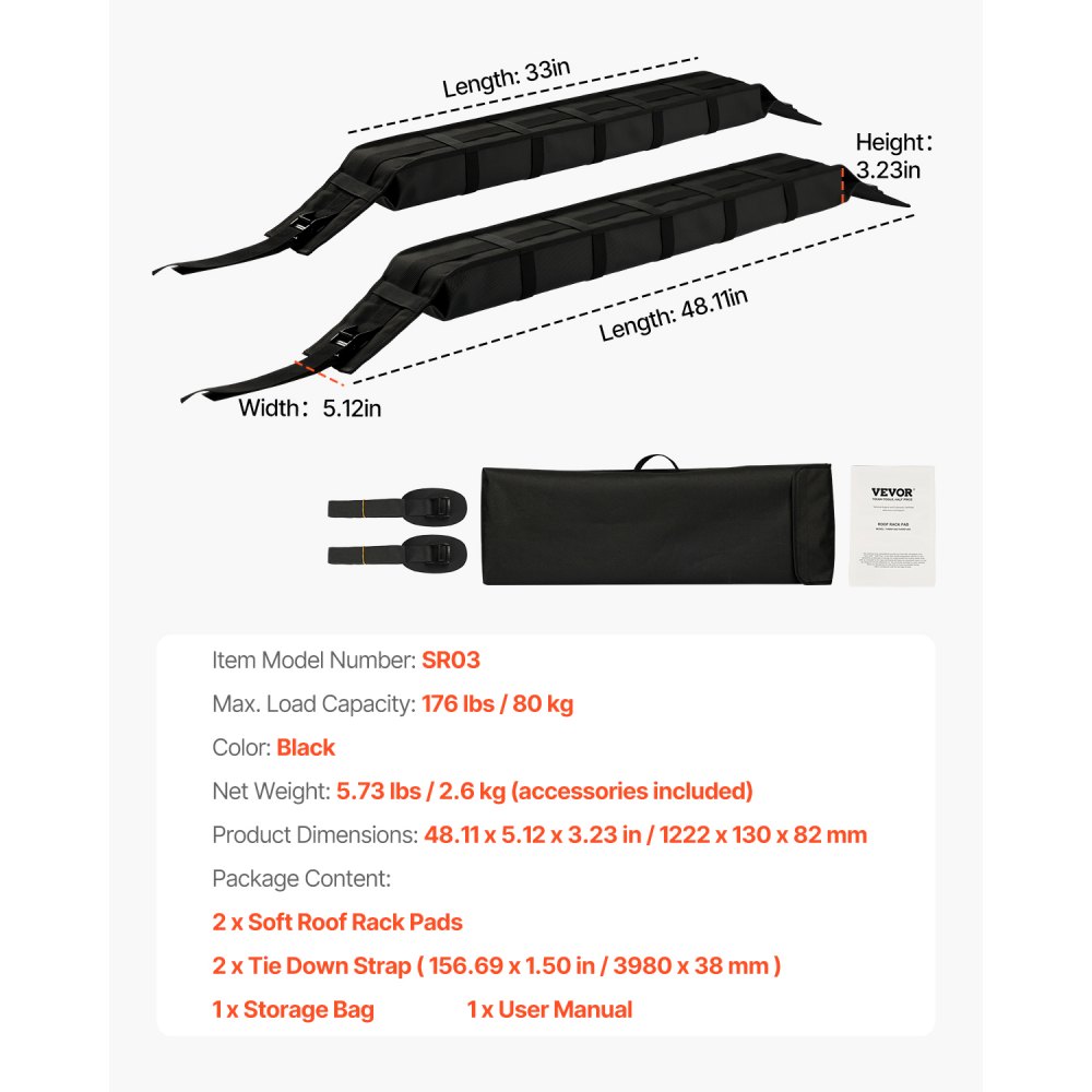 VEVOR Soft Roof Rack Pads, 838mm Universal Car Roof Rack Pad, 176LBS Load Capacity Luggage Kayak Carrier with 2 Tie-Down Straps and Portable Storage Bag for SUP Canoe Snowboard Paddle Board