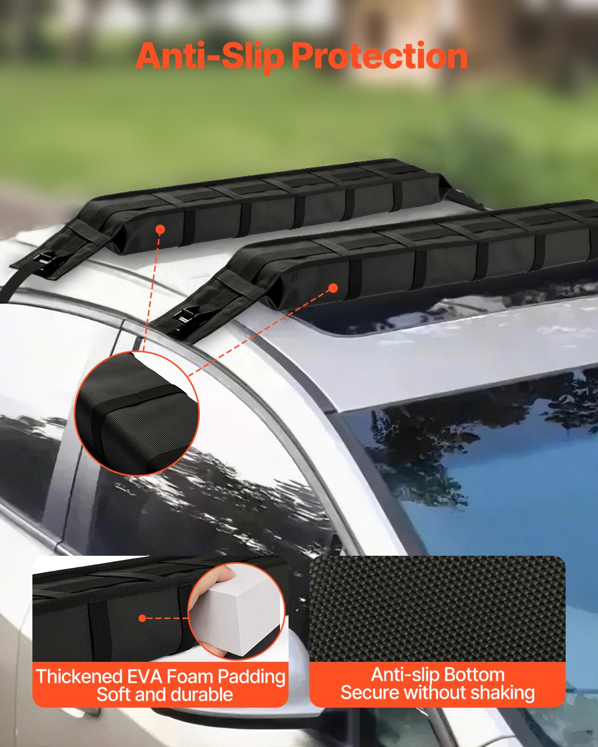 VEVOR Soft Roof Rack Pads, 838mm Universal Car Roof Rack Pad, 176LBS Load Capacity Luggage Kayak Carrier with 2 Tie-Down Straps and Portable Storage Bag for SUP Canoe Snowboard Paddle Board