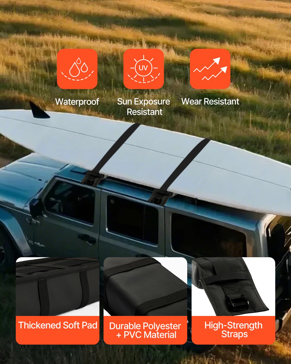 VEVOR Soft Roof Rack Pads, 838mm Universal Car Roof Rack Pad, 176LBS Load Capacity Luggage Kayak Carrier with 2 Tie-Down Straps and Portable Storage Bag for SUP Canoe Snowboard Paddle Board