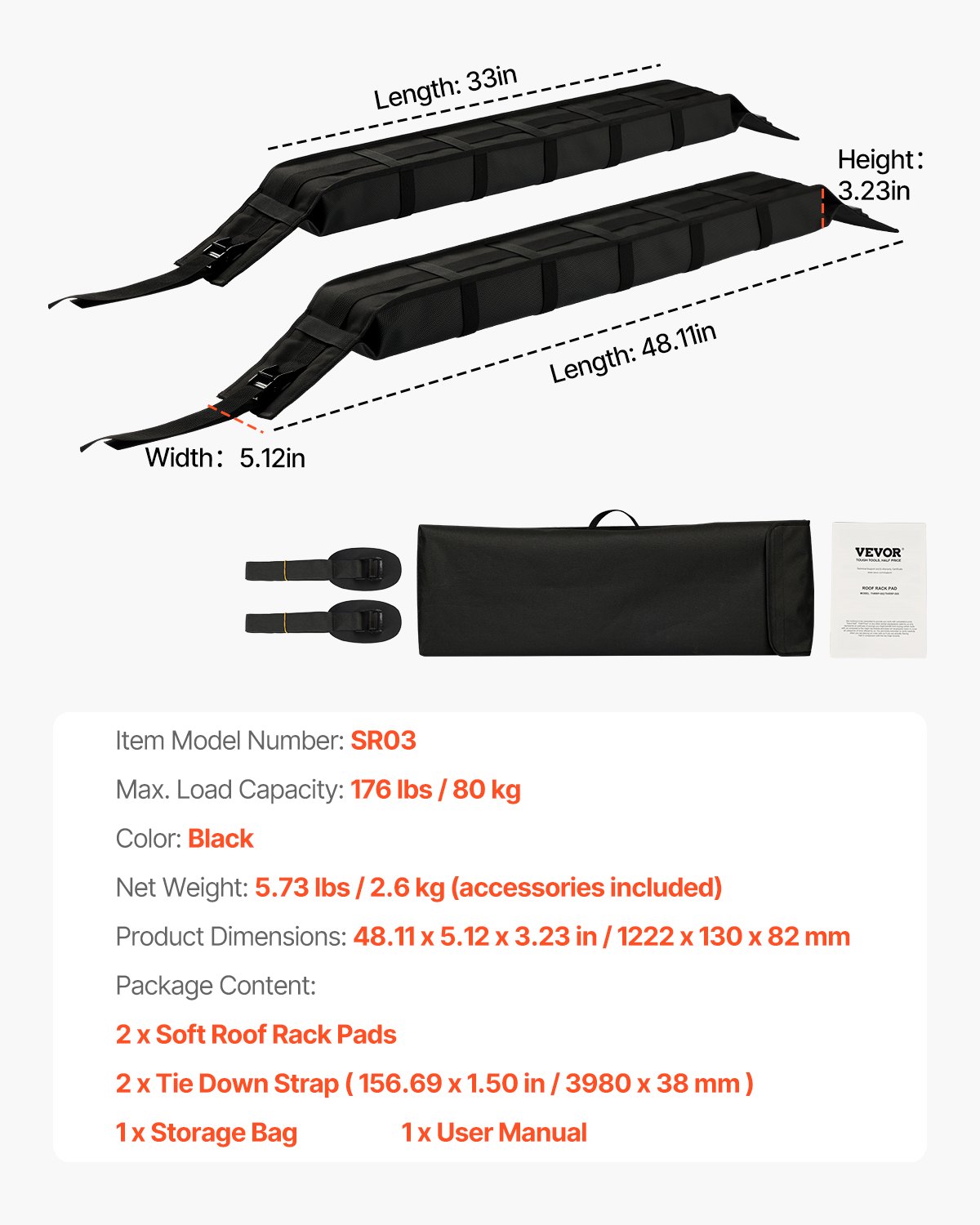 VEVOR Soft Roof Rack Pads, 838mm Universal Car Roof Rack Pad, 176LBS Load Capacity Luggage Kayak Carrier with 2 Tie-Down Straps and Portable Storage Bag for SUP Canoe Snowboard Paddle Board
