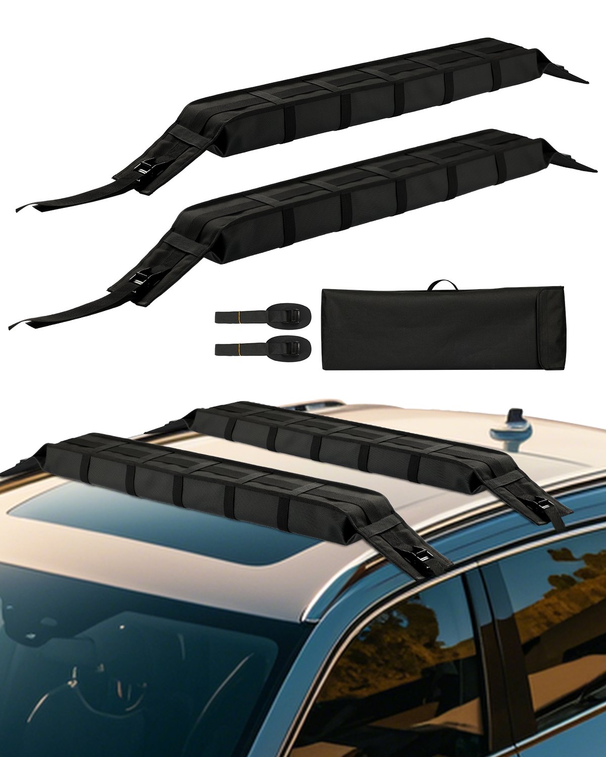 VEVOR Soft Roof Rack Pads, 838mm Universal Car Roof Rack Pad, 176LBS Load Capacity Luggage Kayak Carrier with 2 Tie-Down Straps and Portable Storage Bag for SUP Canoe Snowboard Paddle Board