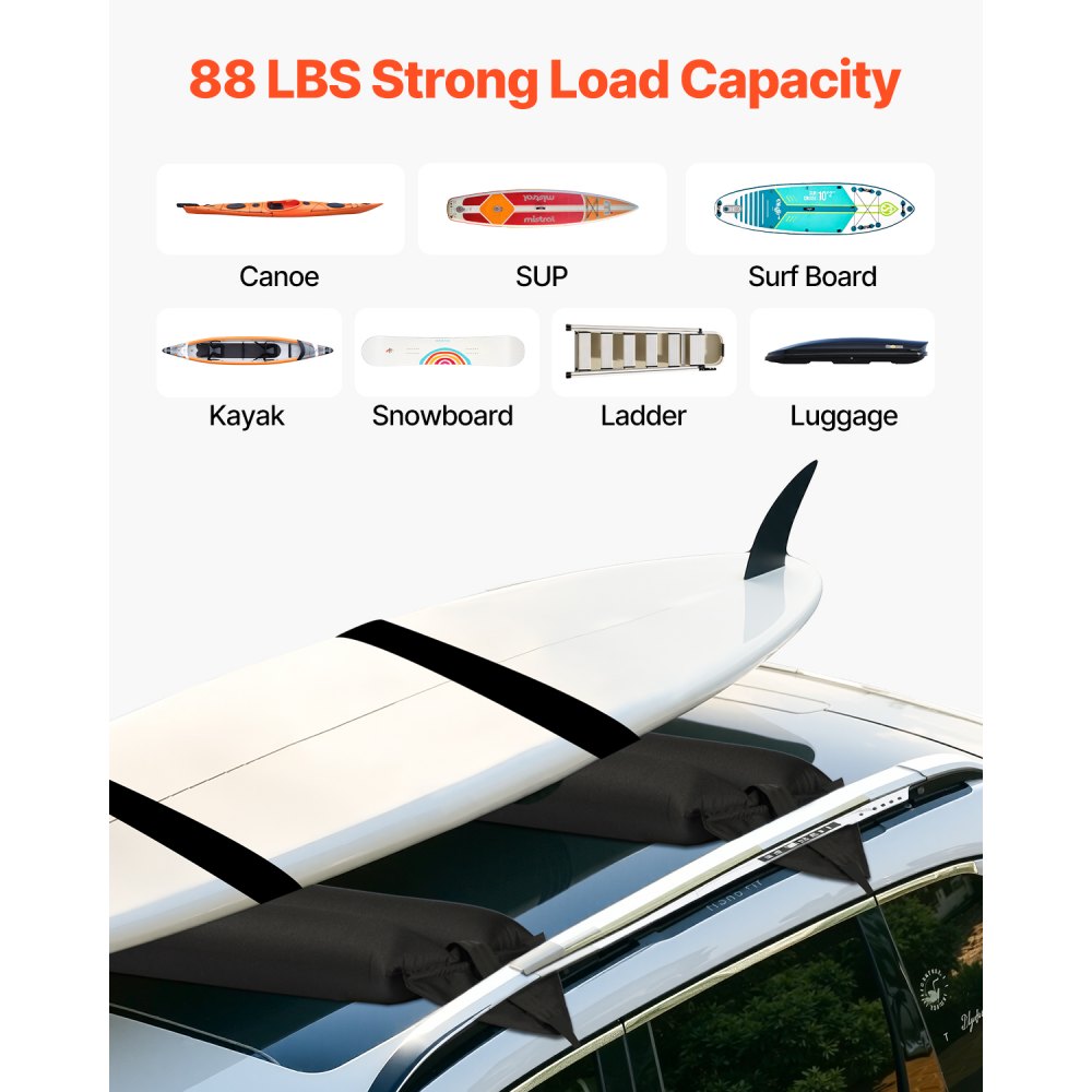 VEVOR Inflatable Soft Roof Rack Bars, 37.6-Inch Universal Car Roof Rack Pads, 88LBS Loading Luggage Kayak Carrier with 2 Tie-Down Straps & Ropes, Hand Air Pump, Storage Bag for Canoes Surfboards SUPs