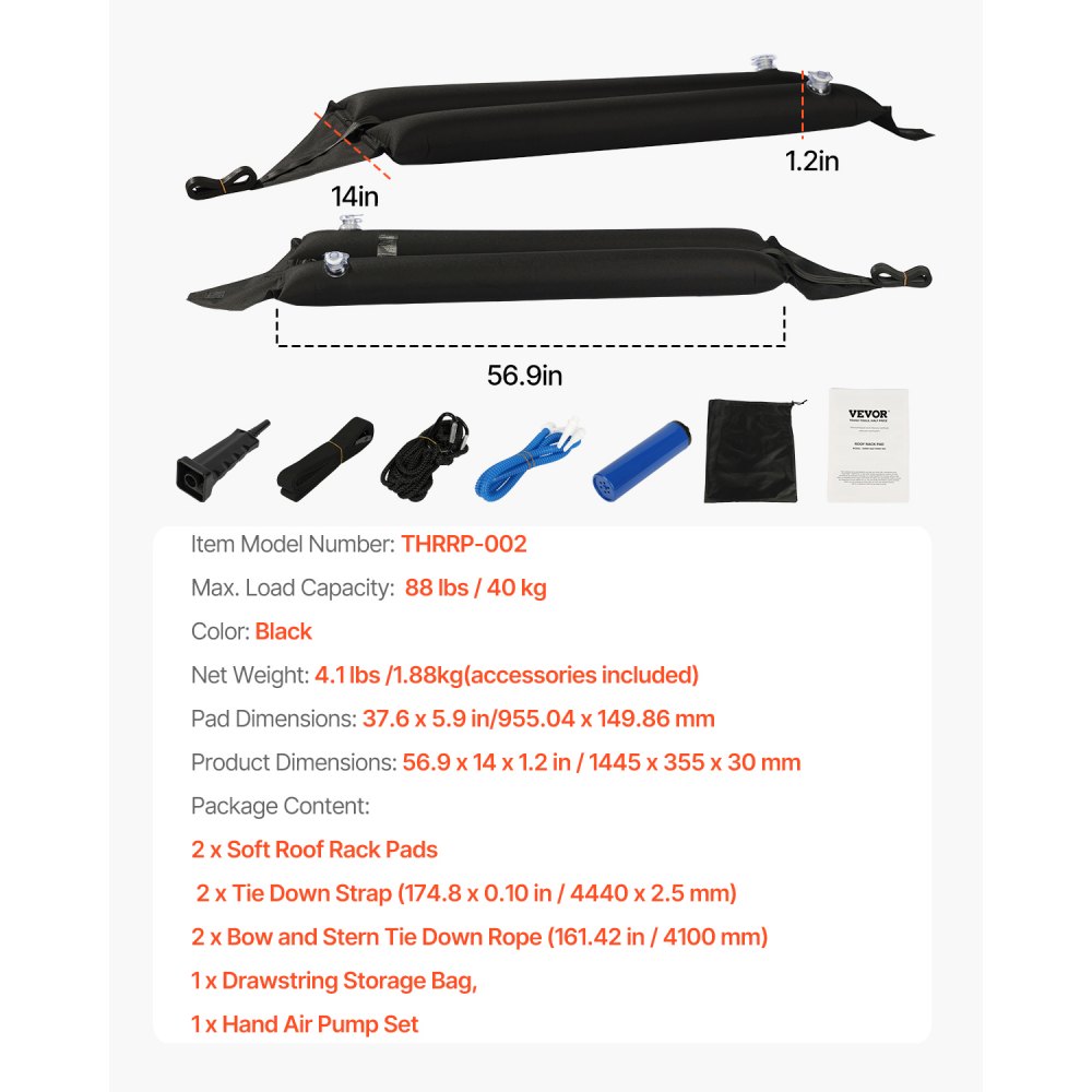 VEVOR Inflatable Soft Roof Rack Bars, 37.6-Inch Universal Car Roof Rack Pads, 88LBS Loading Luggage Kayak Carrier with 2 Tie-Down Straps & Ropes, Hand Air Pump, Storage Bag for Canoes Surfboards SUPs