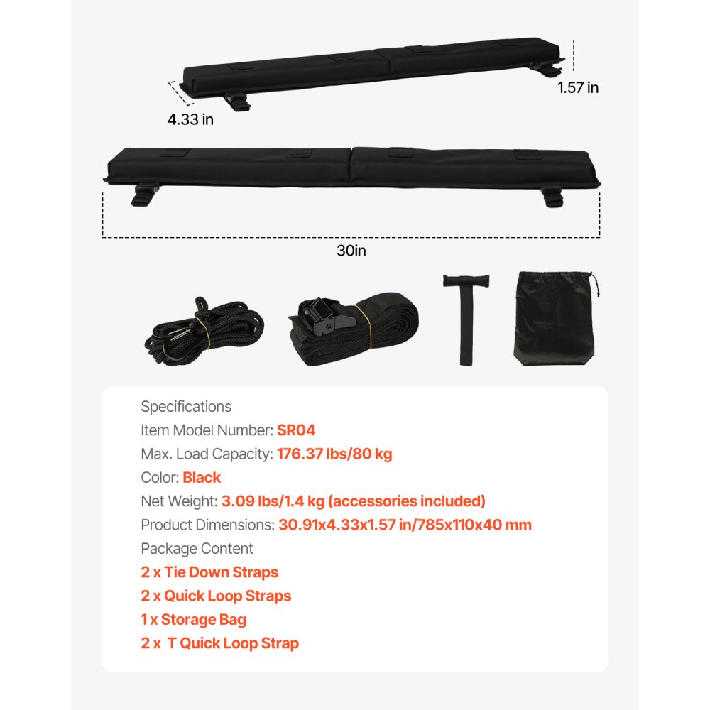 VEVOR Soft Roof Rack Pads, 30" Universal Car Roof Rack Pad for Various Crossbars, 176LBS Loading Luggage Kayak Carrier with 2 Tie Down Straps, 2 Quick Loop Straps & Storage Bag for SUP Canoe Snowboard