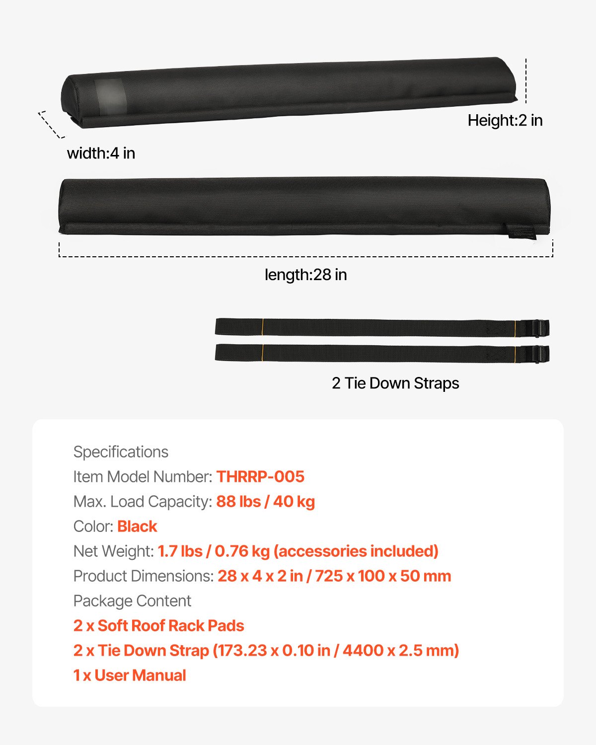 VEVOR Soft Roof Rack Pads, 28" Universal Car Roof Rack Pads for Various Crossbars, 88LBS Load Capacity Luggage Kayak Carrier with 2 Tie Down Straps for SUPs Canoes Snowboards Paddle Boards