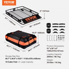 VEVOR Roof Rack Cargo Basket 200 LBS 51"x36"x5" for SUV Truck with Luggage Bag