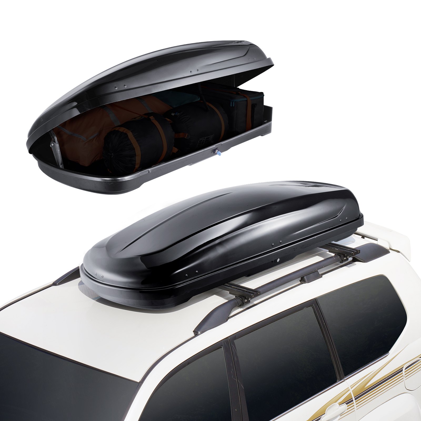 VEVOR Rooftop Cargo Carrier, 8 Cubic Feet Roof Cargo Box, ABS Hard Shell Roof Box, with Dual-Sided Opening and 2 Reinforced Straps, Aerodynamic, Suitable for most Crossbar, for Car, Wagon, SUV, Black