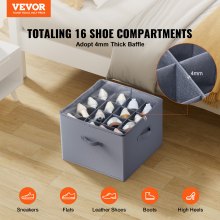 Vevor Sturdy Under Bed Shoe Storage Organizer, Adjustable Dividers Fit 16 Compartments, Shoe Storage Organizer for Closet Organization with Clear Cover, Shoe Rack & Basket, For Closet, Entryway, Trunk, L17"x W17"x H12.4", Grey