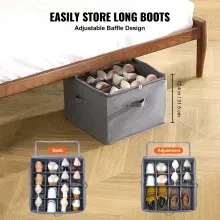 Vevor Sturdy Under Bed Shoe Storage Organizer, Adjustable Dividers Fit 16 Compartments, Shoe Storage Organizer for Closet Organization with Clear Cover, Shoe Rack & Basket, For Closet, Entryway, Trunk, L17"x W17"x H12.4", Grey