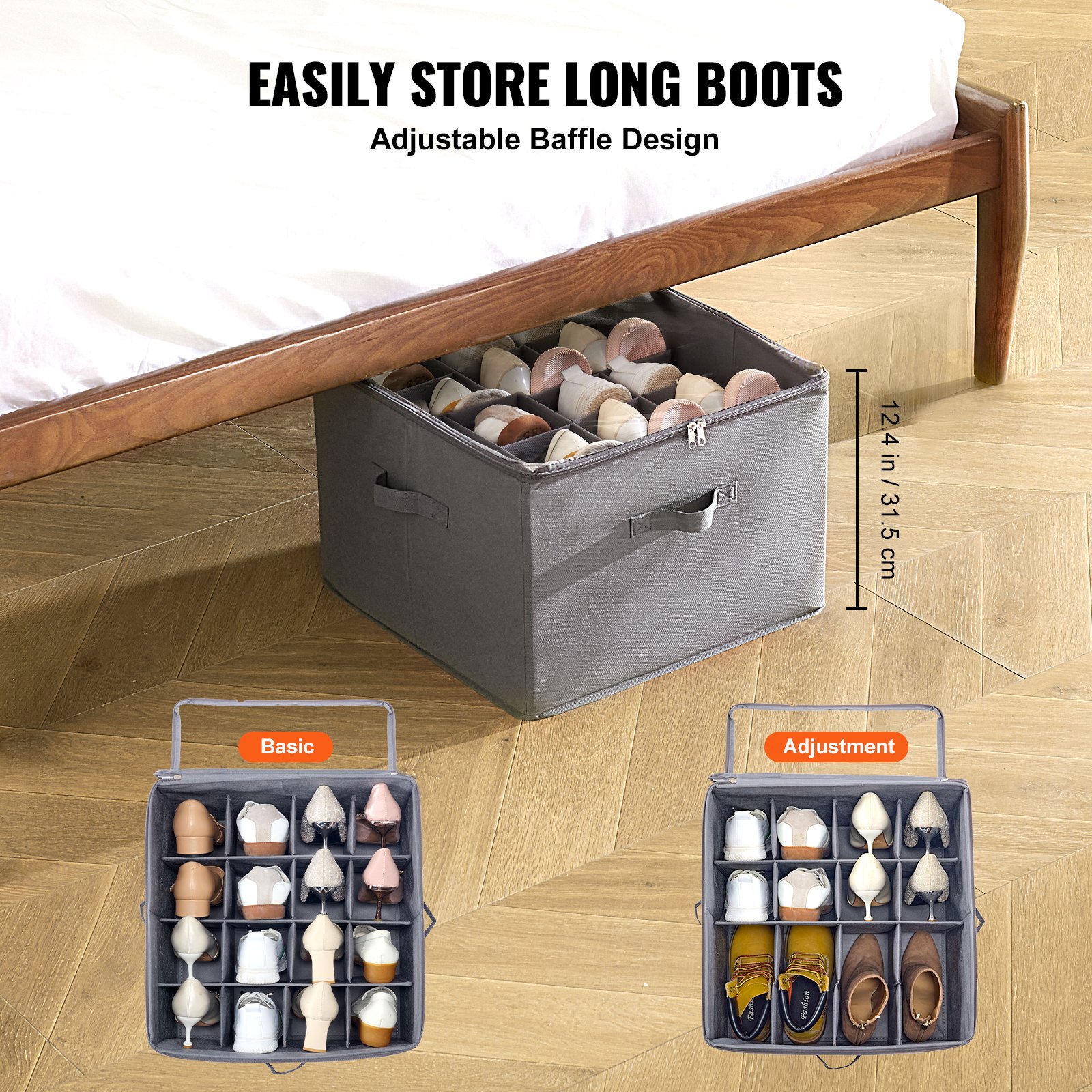 VEVOR Under Bed Shoe Storage Organizer, 1 Pack, 16 Compartments, Underbed Shoe Box Storage Containers Adjustable Dividers, Sandal Organizer Storage with Clear Window, Breathable, Reinforced Handles