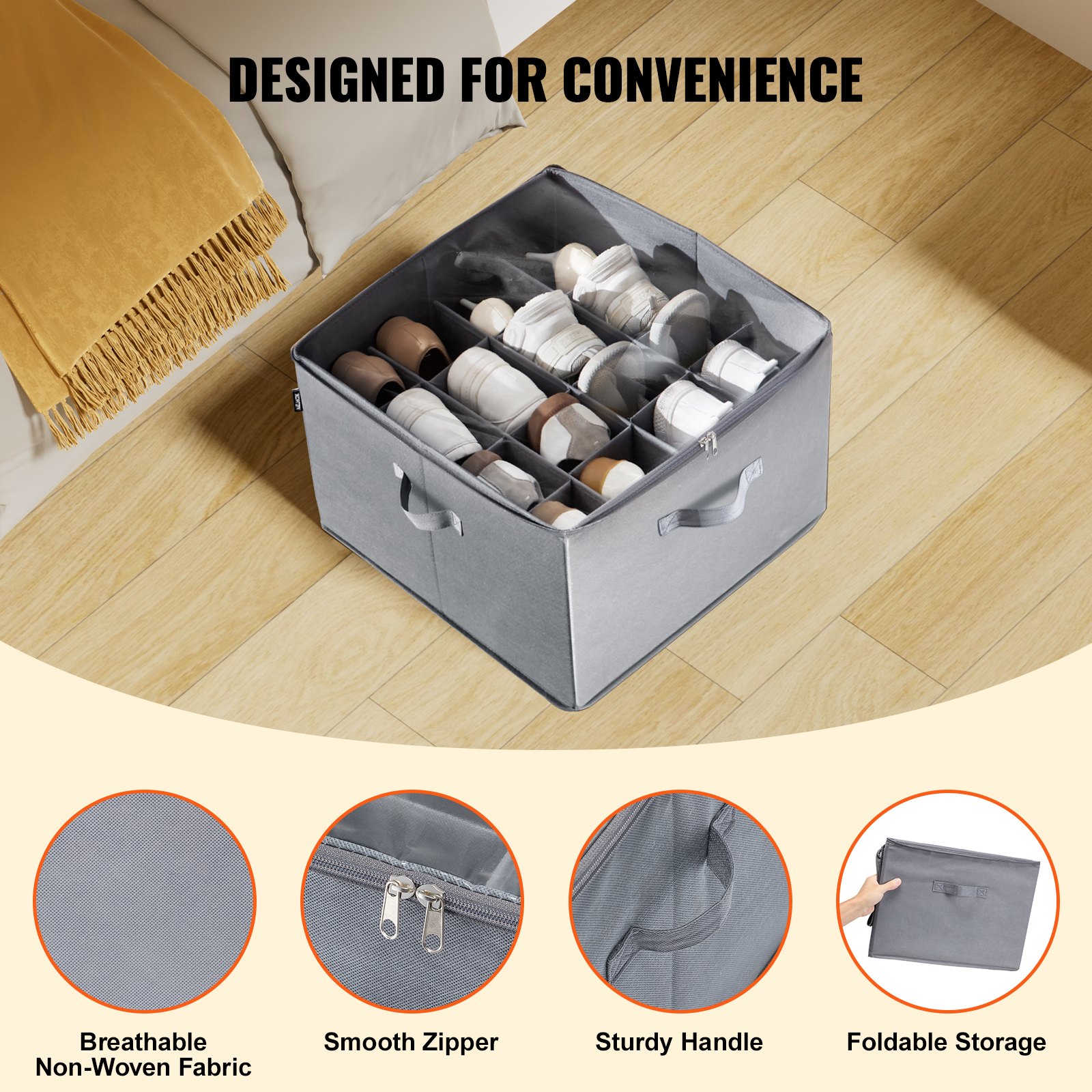 VEVOR Under Bed Shoe Storage Organizer, 1 Pack, 16 Compartments, Underbed Shoe Box Storage Containers Adjustable Dividers, Sandal Organizer Storage with Clear Window, Breathable, Reinforced Handles