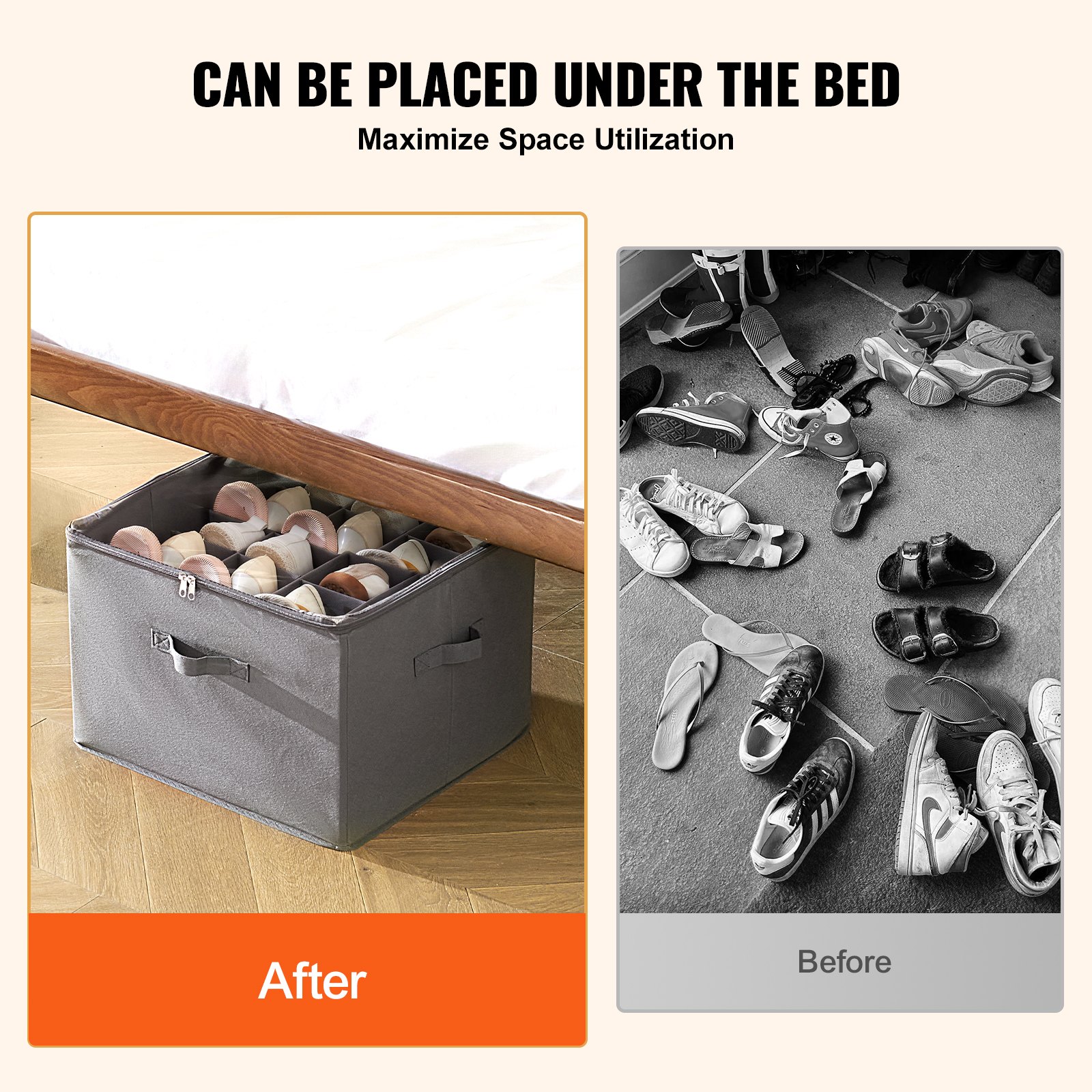 VEVOR Under Bed Shoe Storage Organizer, 1 Pack, 16 Compartments, Underbed Shoe Box Storage Containers Adjustable Dividers, Sandal Organizer Storage with Clear Window, Breathable, Reinforced Handles