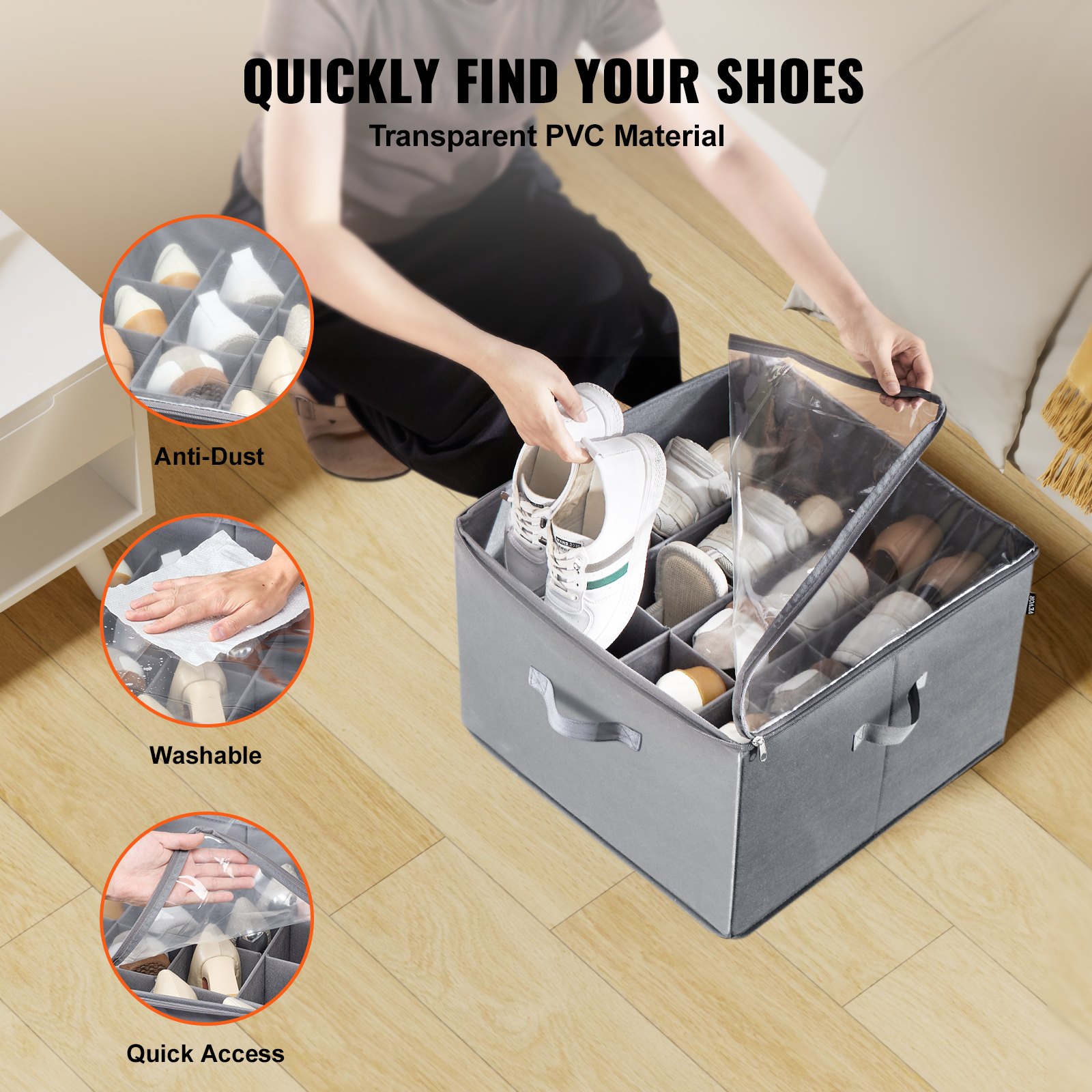 VEVOR Under Bed Shoe Storage Organizer, 1 Pack, 16 Compartments, Underbed Shoe Box Storage Containers Adjustable Dividers, Sandal Organizer Storage with Clear Window, Breathable, Reinforced Handles