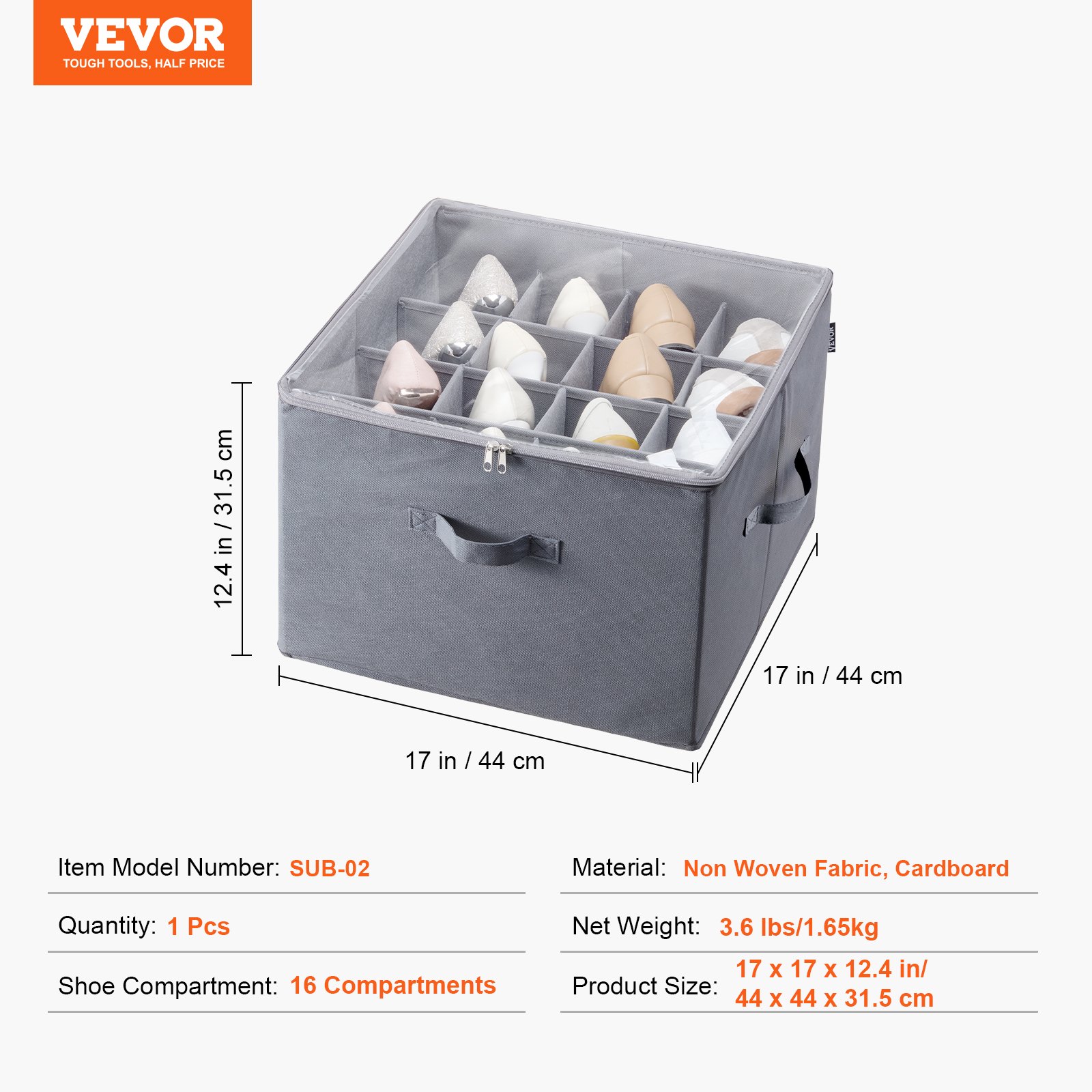 VEVOR Under Bed Shoe Storage Organizer, 1 Pack, 16 Compartments, Underbed Shoe Box Storage Containers Adjustable Dividers, Sandal Organizer Storage with Clear Window, Breathable, Reinforced Handles