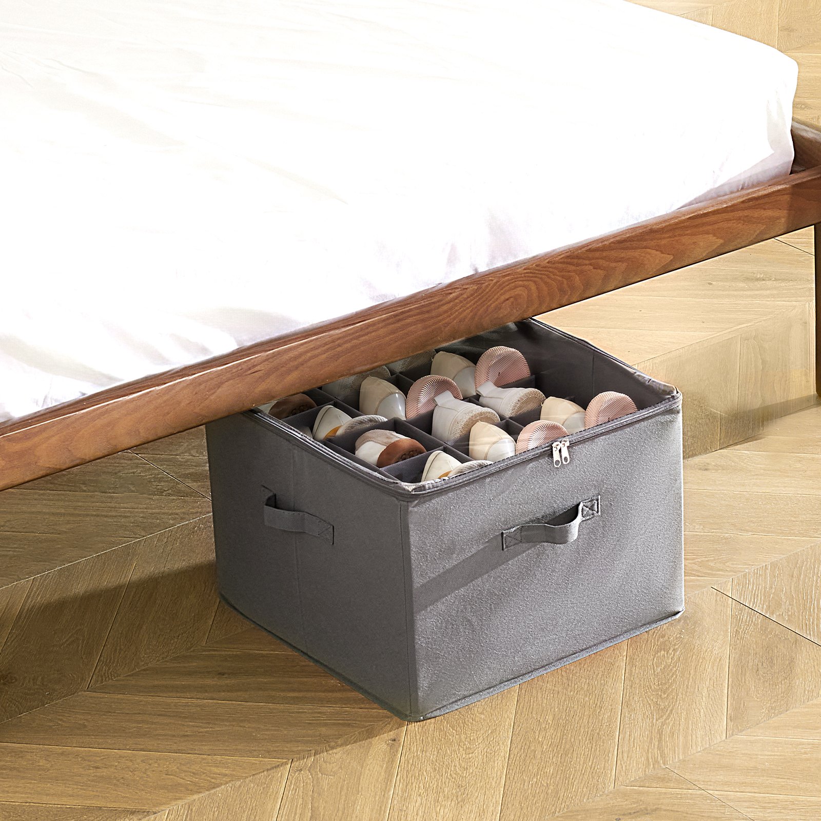 VEVOR Under Bed Shoe Storage Organizer, 1 Pack, 16 Compartments, Underbed Shoe Box Storage Containers Adjustable Dividers, Sandal Organizer Storage with Clear Window, Breathable, Reinforced Handles