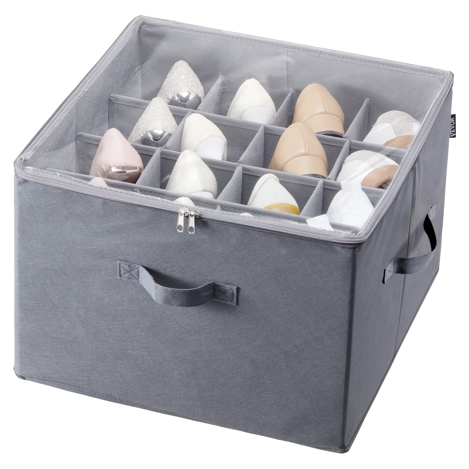 VEVOR Under Bed Shoe Storage Organizer, 1 Pack, 16 Compartments, Underbed Shoe Box Storage Containers Adjustable Dividers, Sandal Organizer Storage with Clear Window, Breathable, Reinforced Handles