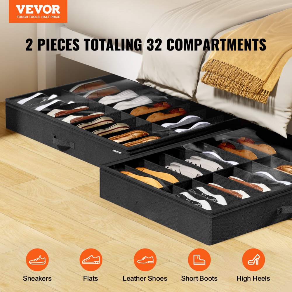 VEVOR Under Bed Shoe Storage Organizer, Set of 2, Total 32 Compartments, Underbed Shoes Closet Storage Solution with Clear Window, Breathable, Foldable Fabric Container Box with Reinforced Handles