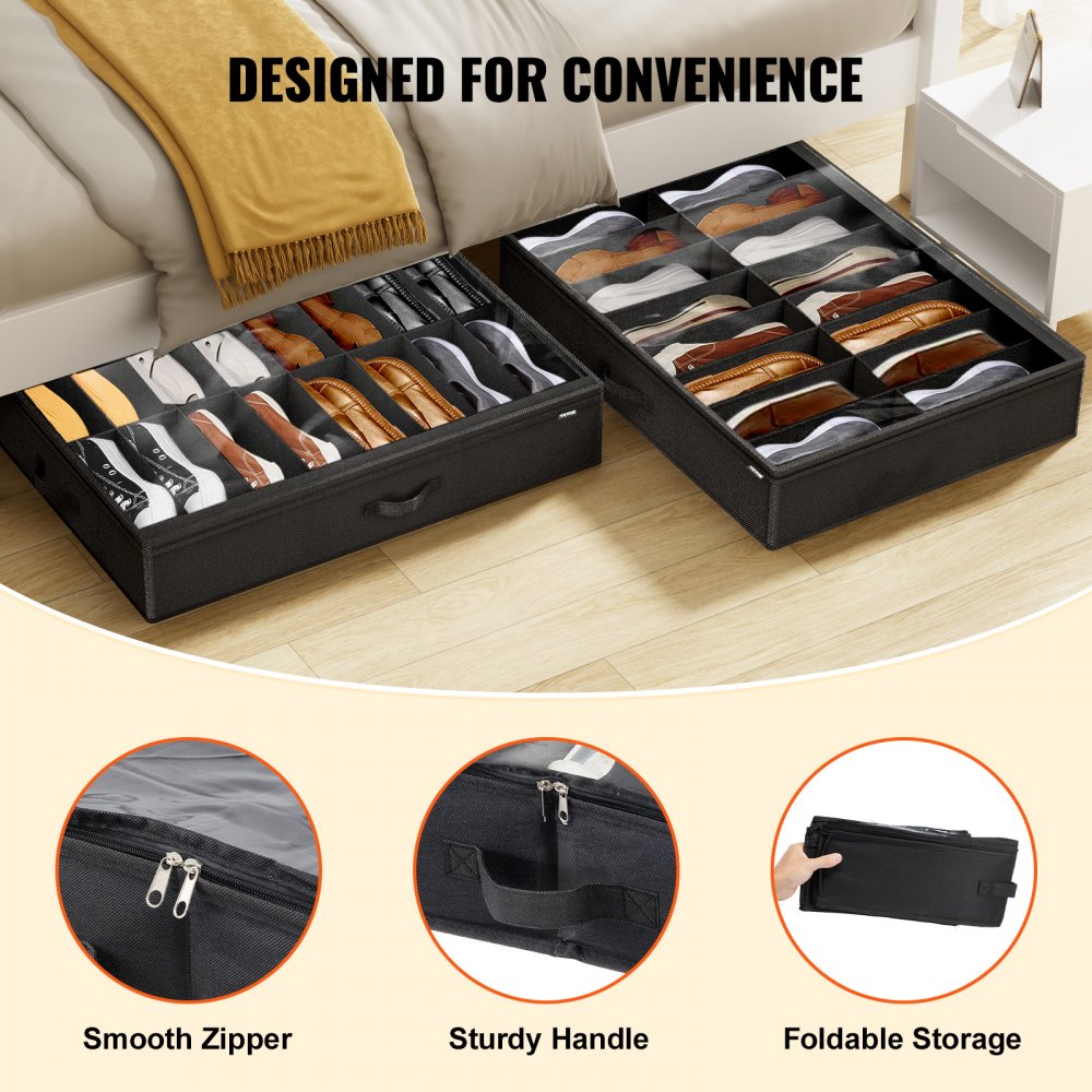 VEVOR Under Bed Shoe Storage Organizer, Set of 2, Total 32 Compartments, Underbed Shoes Closet Storage Solution with Clear Window, Breathable, Foldable Fabric Container Box with Reinforced Handles