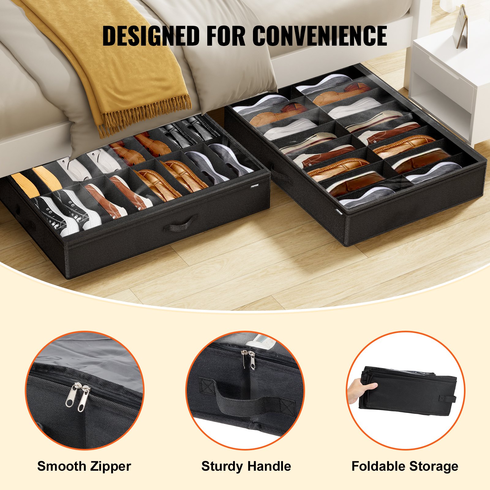 VEVOR Under Bed Shoe Storage Organizer, Set of 2, Total 32 Compartments, Underbed Shoes Closet Storage Solution with Clear Window, Breathable, Foldable Fabric Container Box with Reinforced Handles