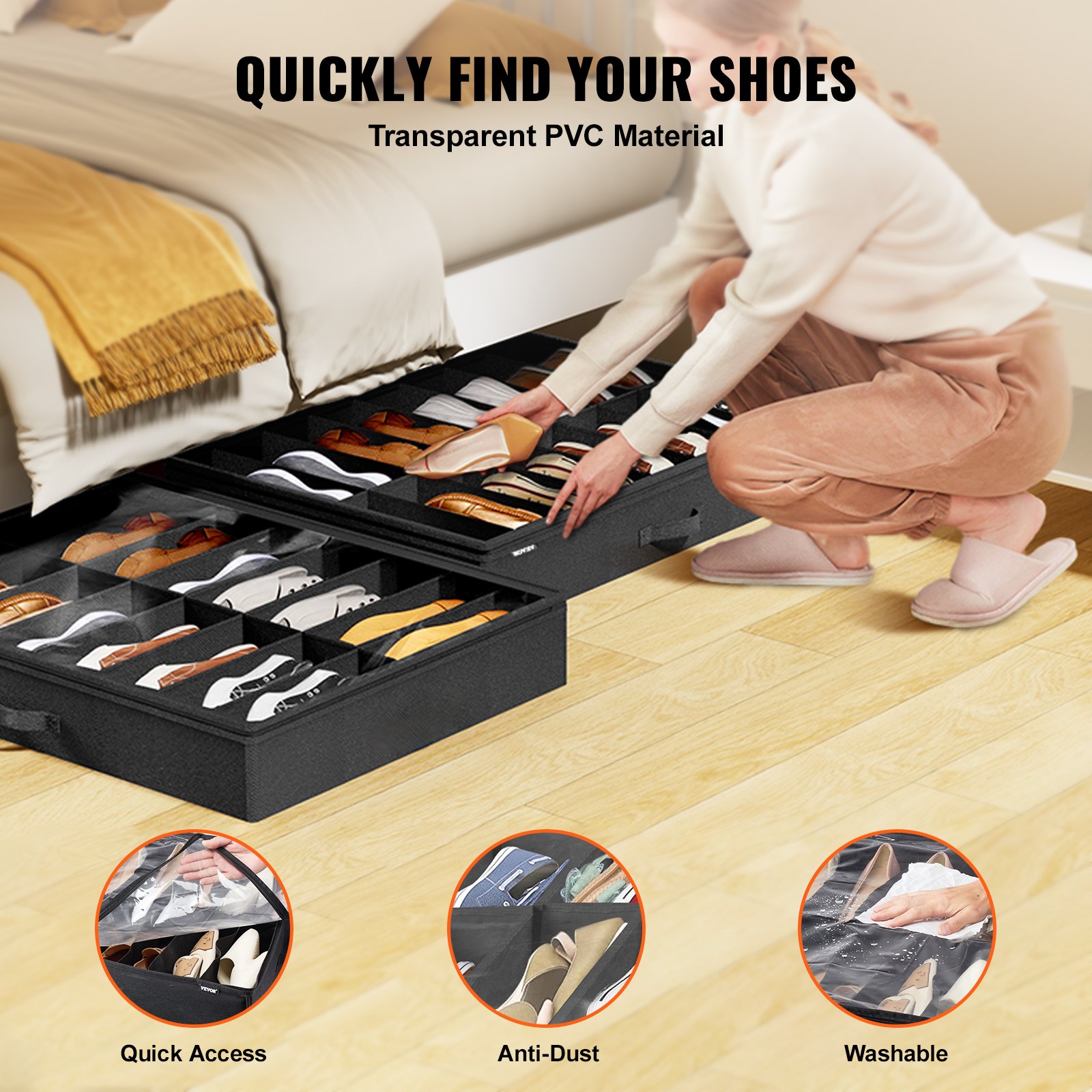 VEVOR Under Bed Shoe Storage Organizer, Set of 2, Total 32 Compartments, Underbed Shoes Closet Storage Solution with Clear Window, Breathable, Foldable Fabric Container Box with Reinforced Handles
