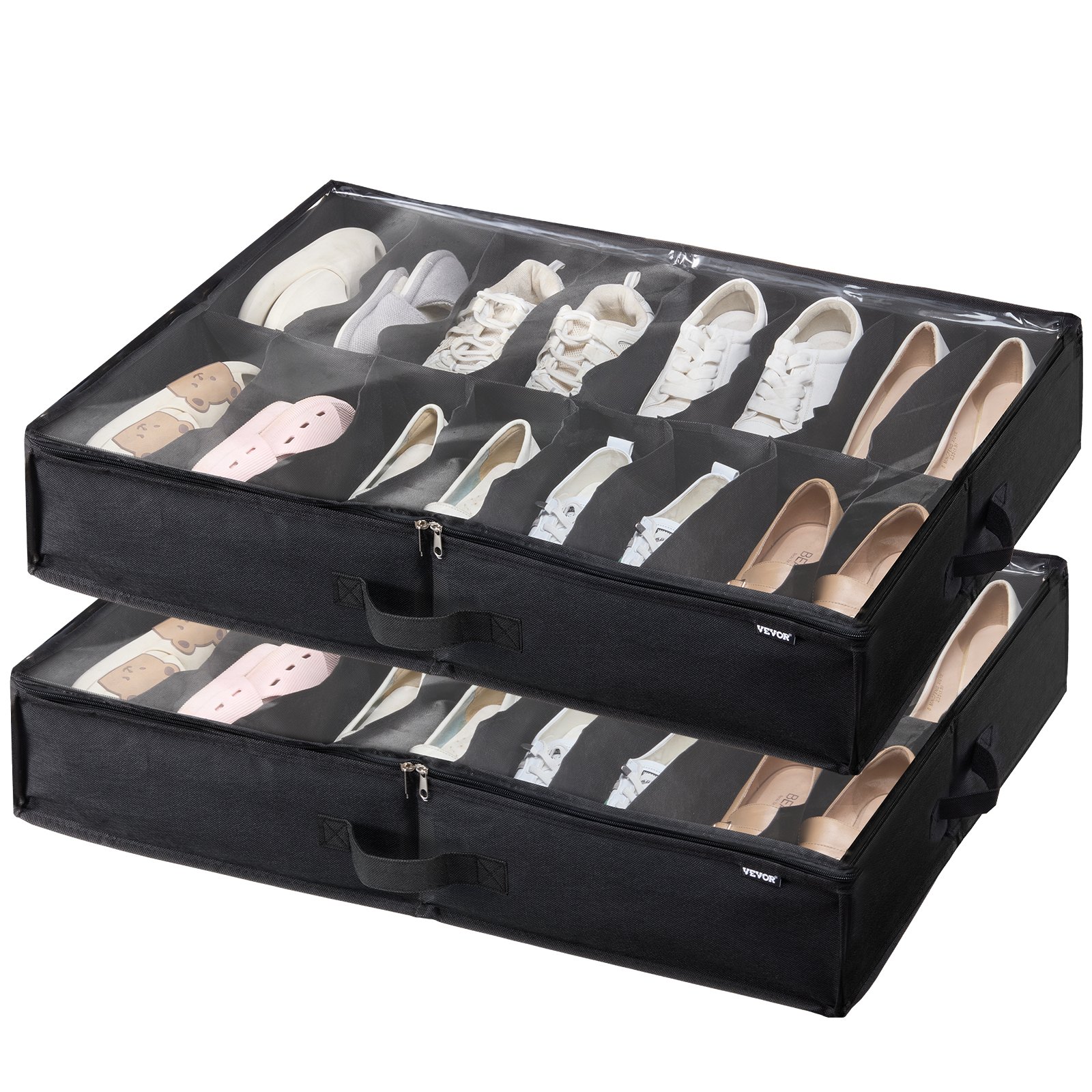 VEVOR Under Bed Shoe Storage Organizer, Set of 2, Total 32 Compartments, Underbed Shoes Closet Storage Solution with Clear Window, Breathable, Foldable Fabric Container Box with Reinforced Handles